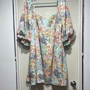 Chic Soul Floral Puff-Sleeve Mini Dress in White, Orange, Yellow, Green, Purple